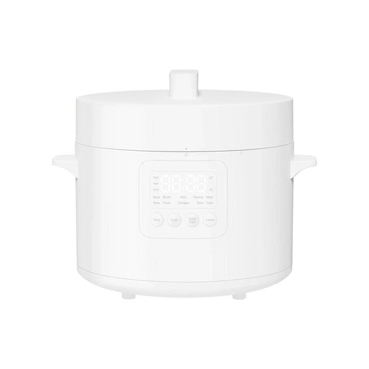 White digital multi-cooker with rice, soup, stew, and slow cook settings for smart kitchen cooking