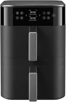 Black dual-zone air fryer with digital touchscreen controls and timer display