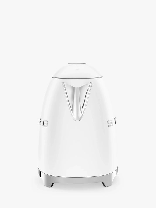 White retro electric kettle with chrome accents and sleek modern design
