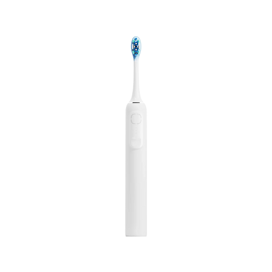 White electric toothbrush with blue bristles, sleek design for oral care