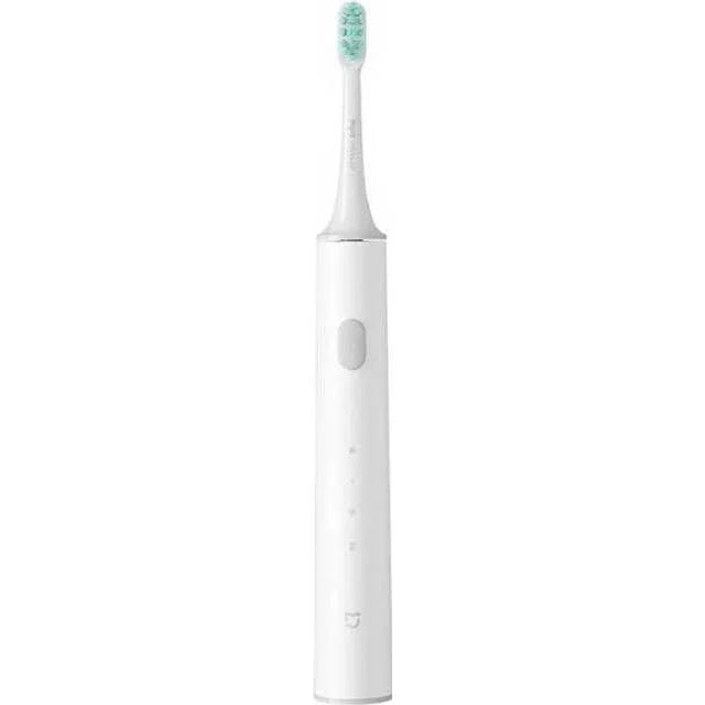 White electric toothbrush with mint green bristles, sleek design, and power button
