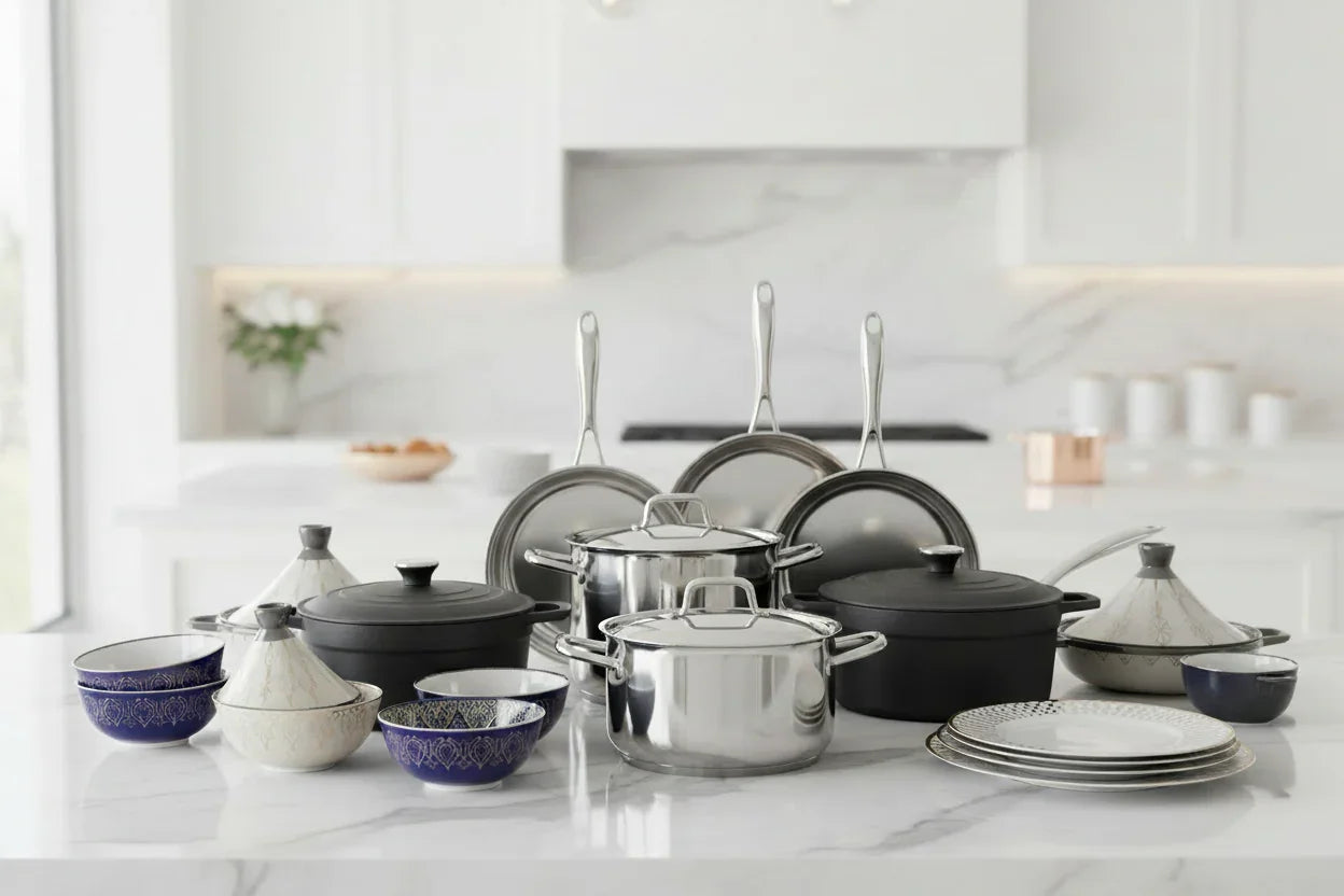 Stainless steel and ceramic cookware set with pots, pans, bowls, and plates on marble kitchen counter