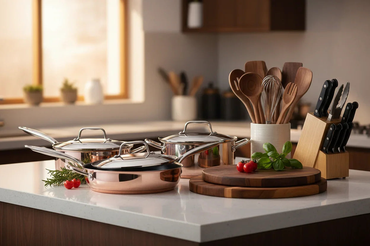 Copper cookware set with wooden utensils and knife block on kitchen counter