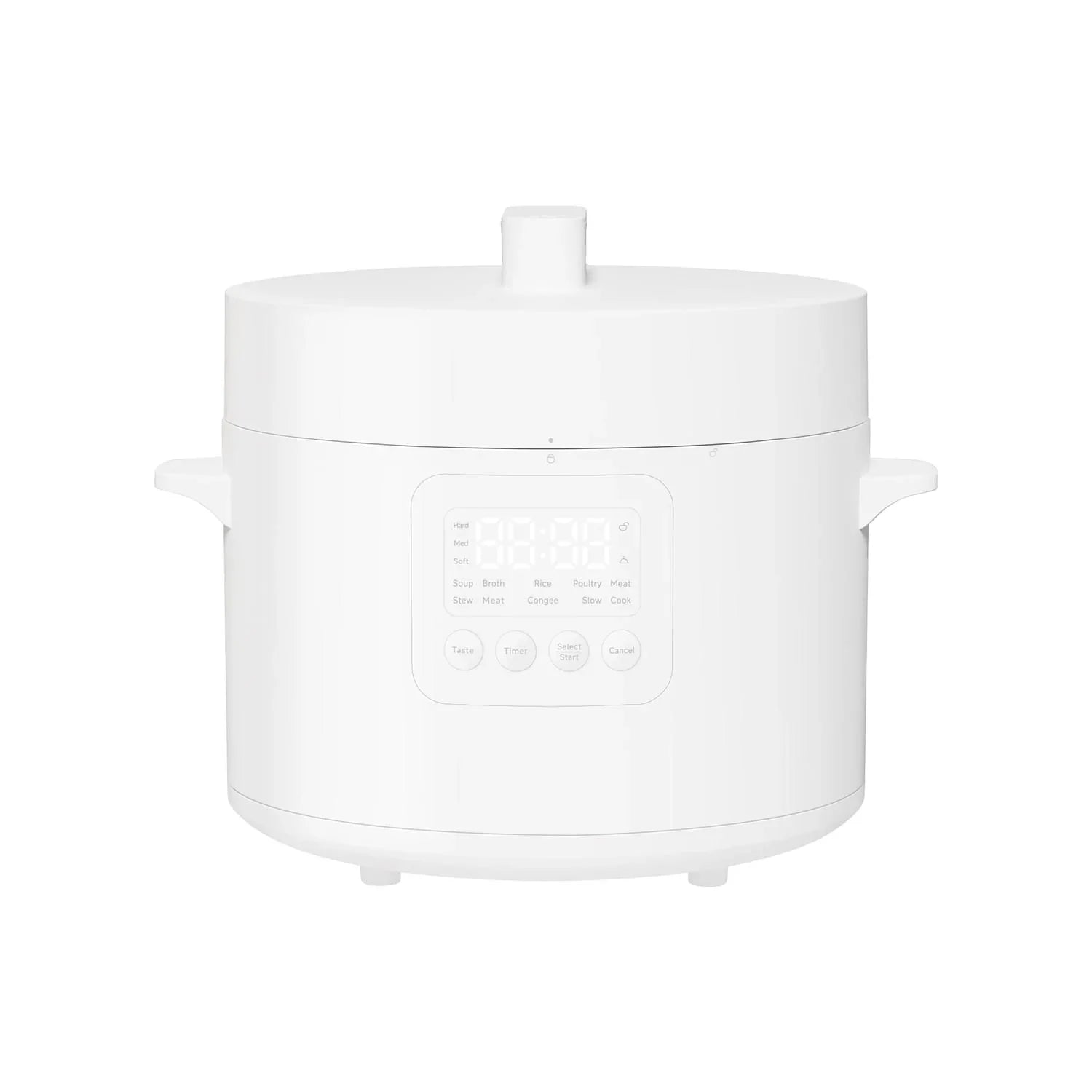 White digital multi-cooker with rice, soup, stew, and slow cook settings for smart kitchen cooking
