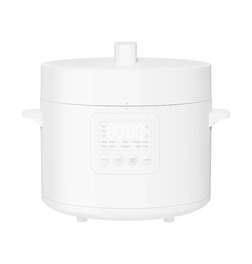 White digital multi-cooker with rice, soup, stew, and slow cook settings for smart kitchen cooking