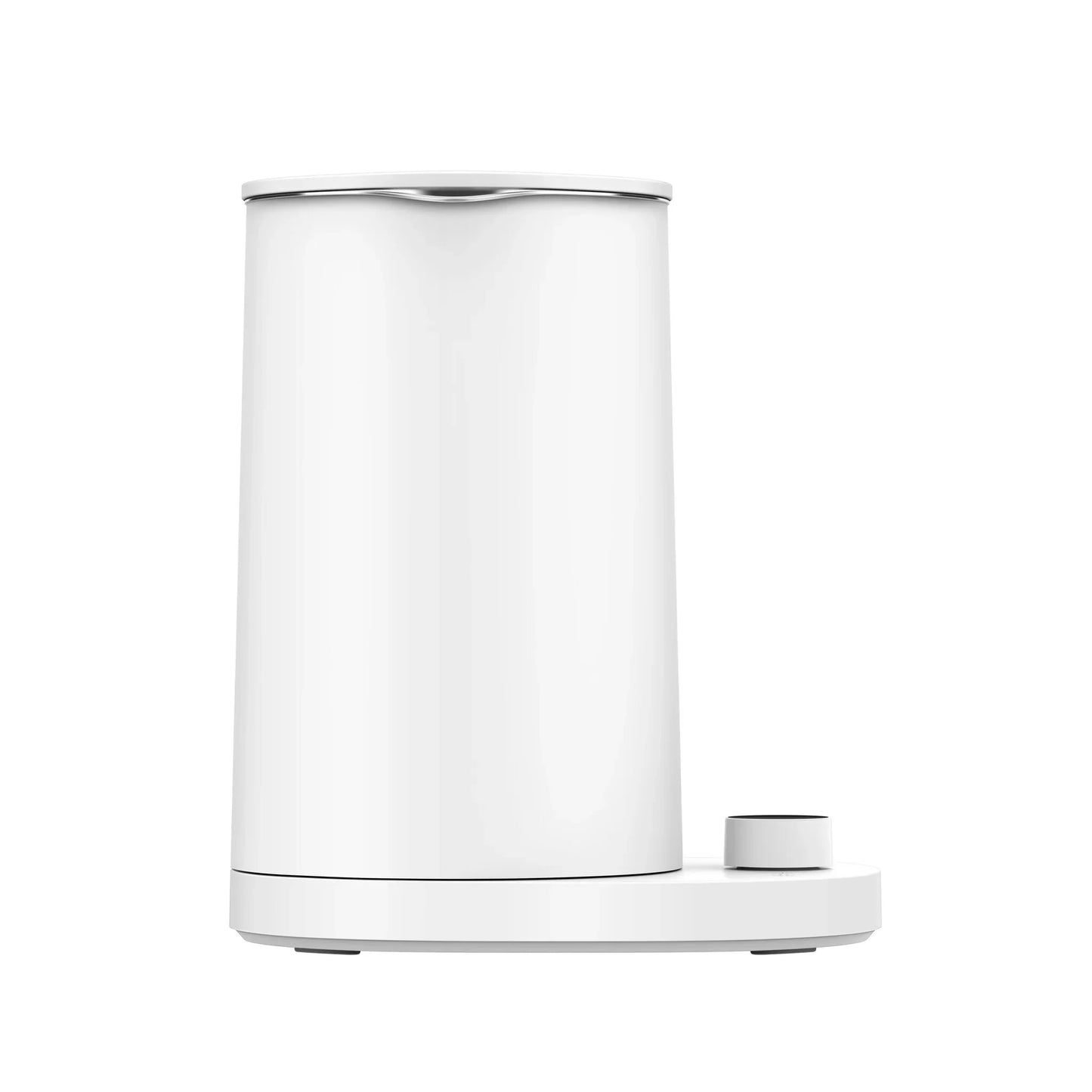 White cylindrical smart home device with sleek base and control knob, modern minimalist design