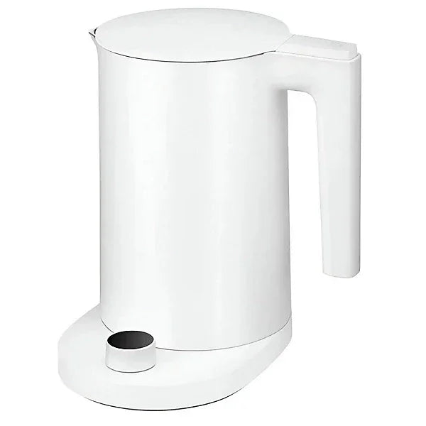 White electric kettle with sleek design and base, modern kitchen appliance for boiling water