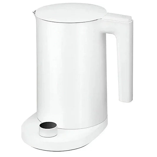 White electric kettle with sleek design and base, modern kitchen appliance for boiling water