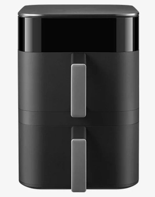Black dual-basket air fryer with sleek design and gray handles for modern kitchen cooking