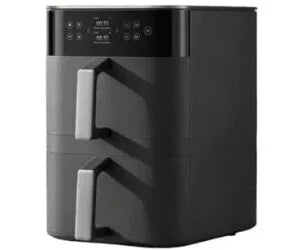 Black digital air fryer with dual drawers and touch controls for healthy cooking