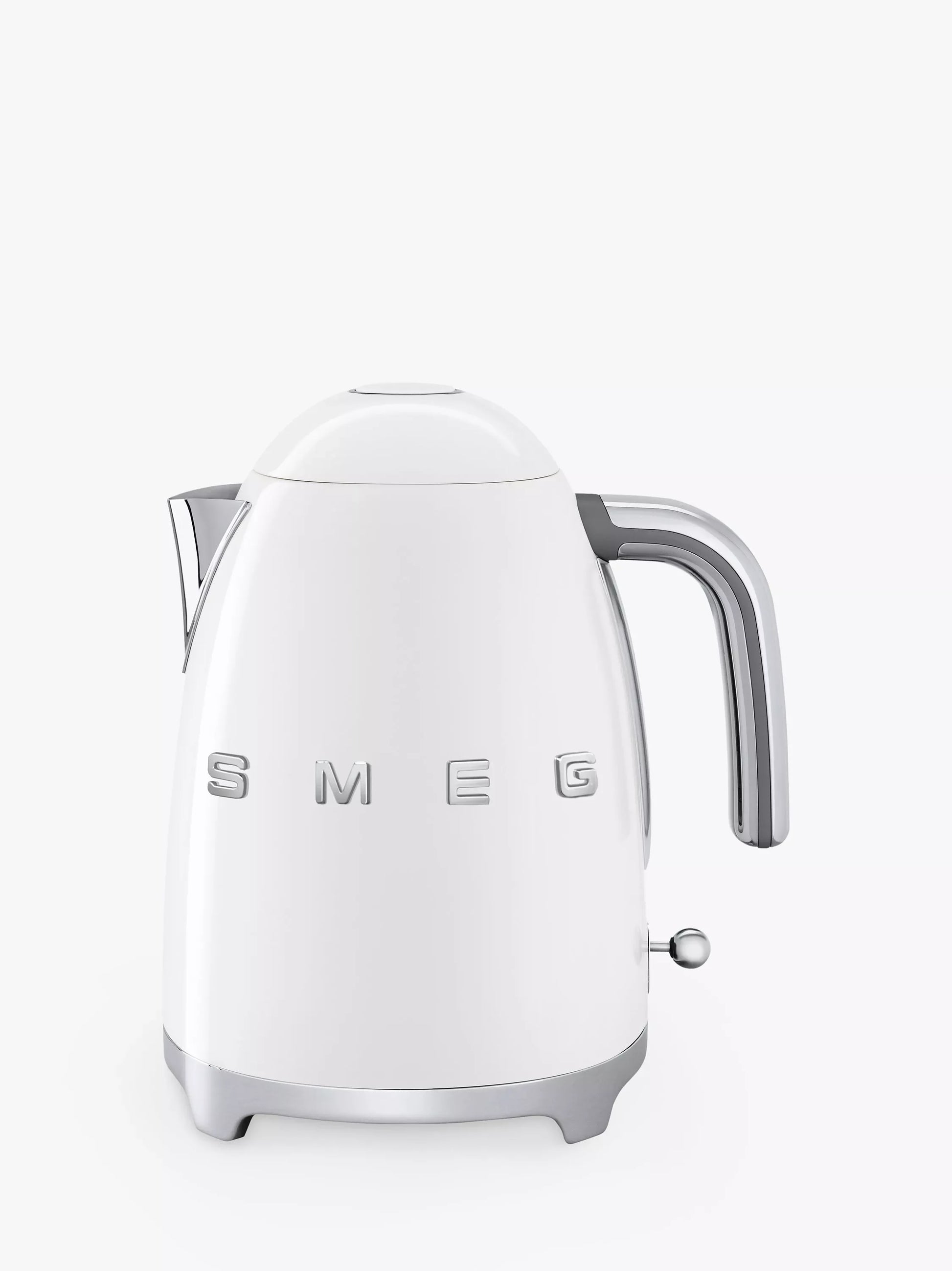 White SMEG electric kettle with chrome accents, retro design for modern kitchen appliances