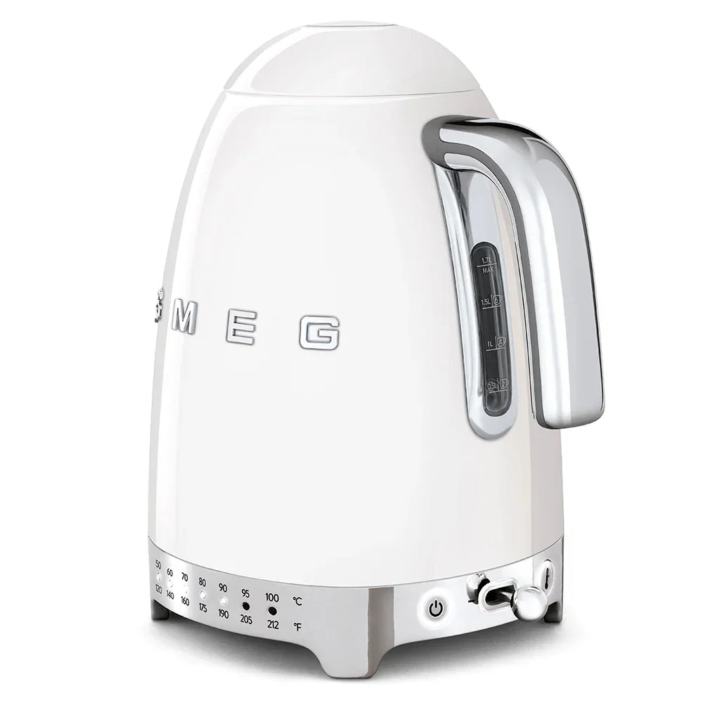 White SMEG electric kettle with temperature control and chrome handle, retro kitchen appliance