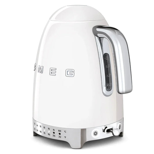 White SMEG electric kettle with temperature control and chrome handle, retro kitchen appliance