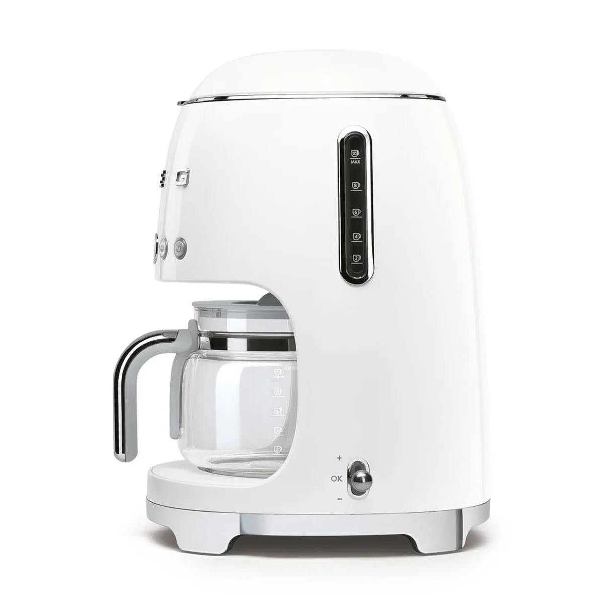 White drip coffee maker with glass carafe and digital controls for home kitchen use