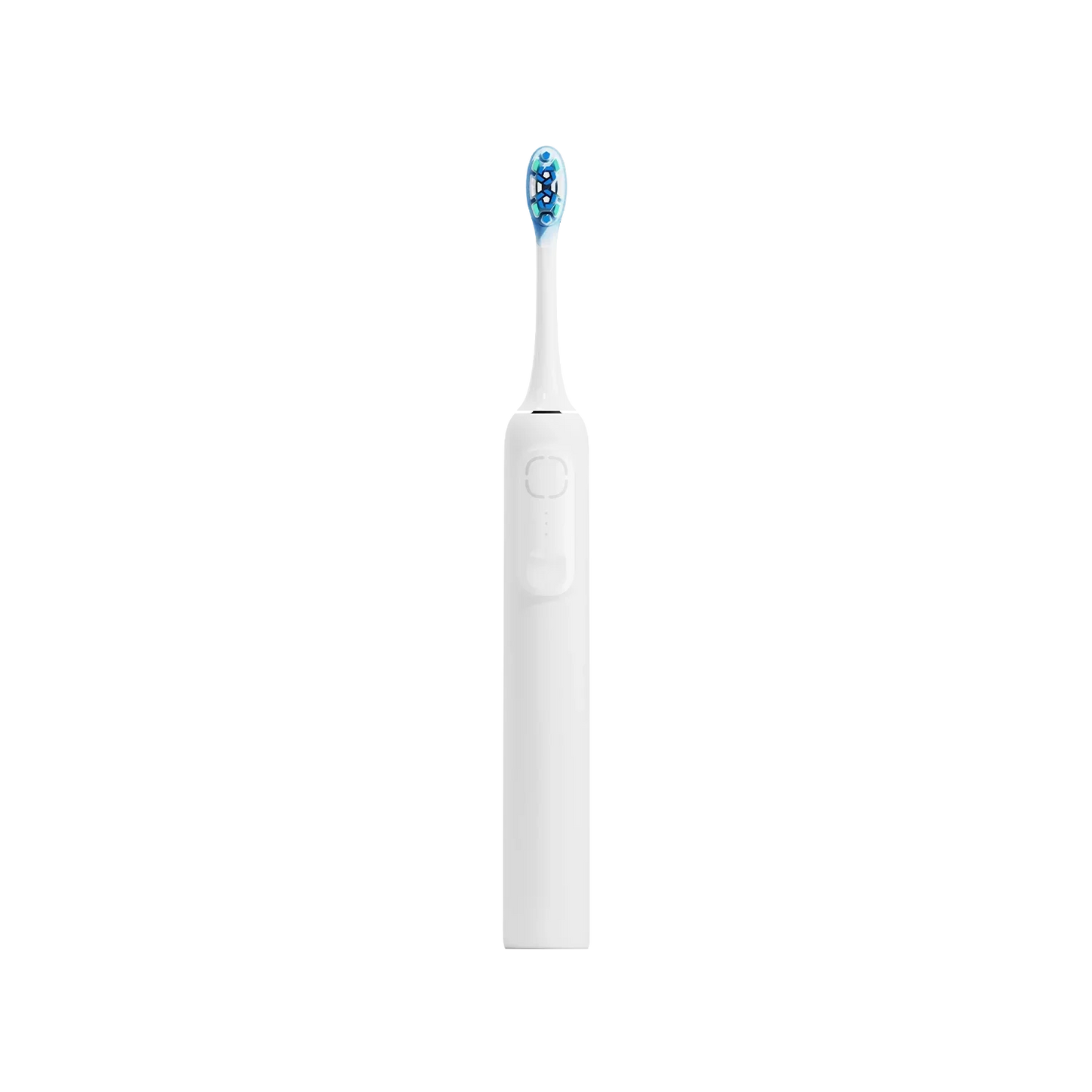 White electric toothbrush with blue bristles, sleek design for oral care