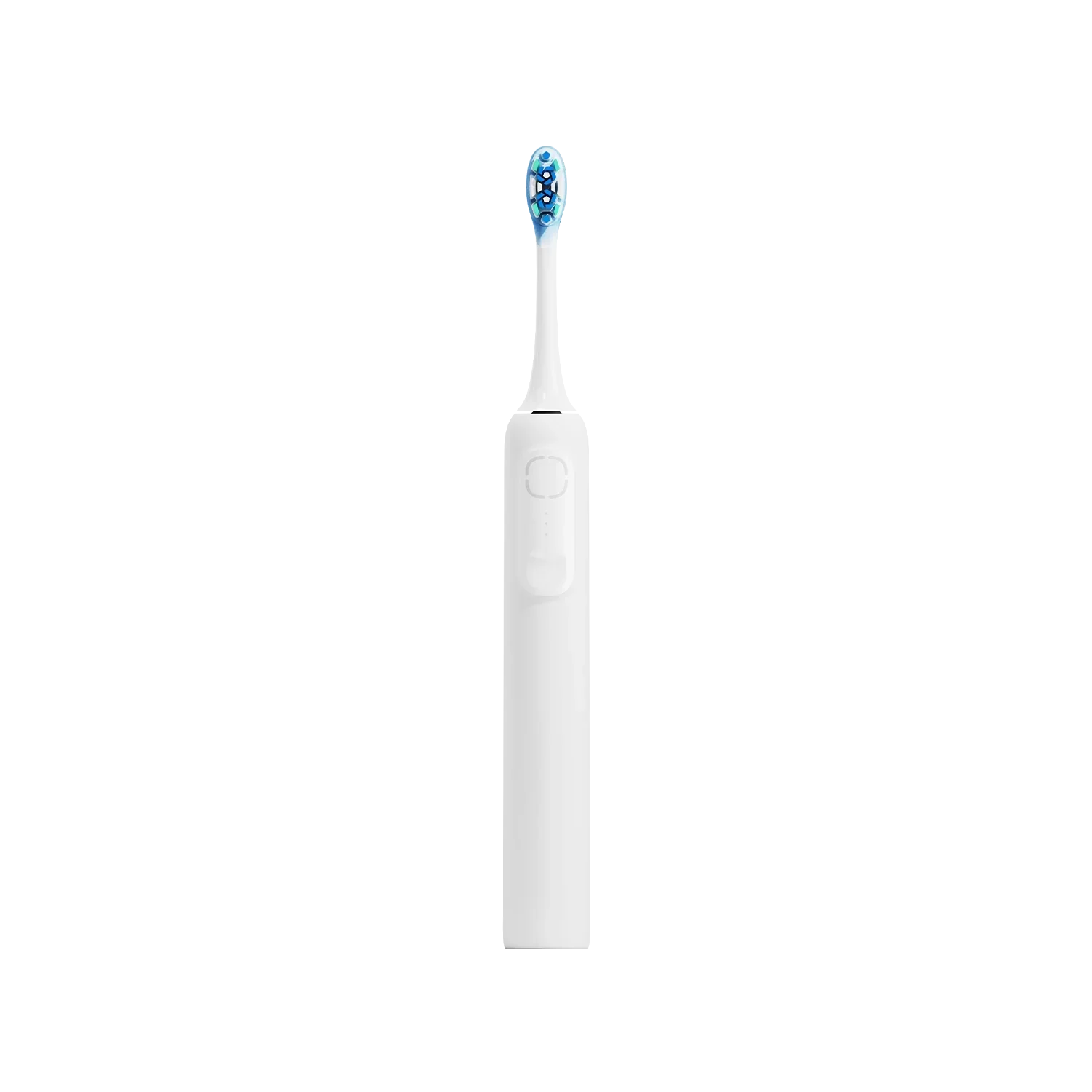 White electric toothbrush with blue bristles, sleek design for oral care