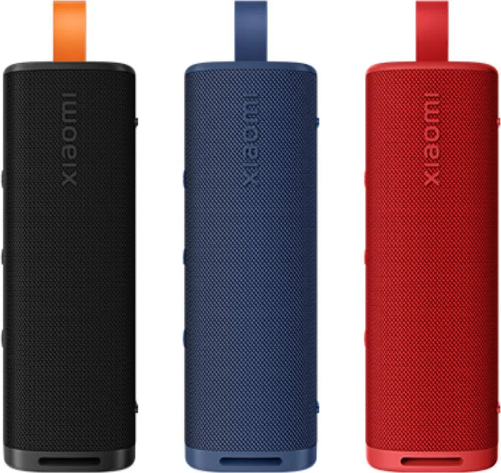 Xiaomi portable Bluetooth speakers in black, blue, red with carrying straps