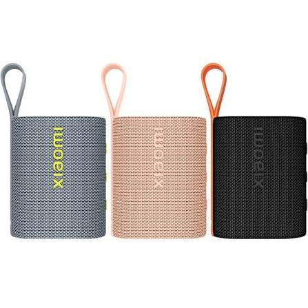 Xiaomi portable Bluetooth speakers in gray, pink, and black with carrying loops
