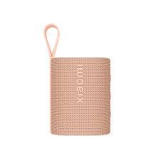 Portable pink Bluetooth speaker with woven texture and carrying loop, compact wireless audio device