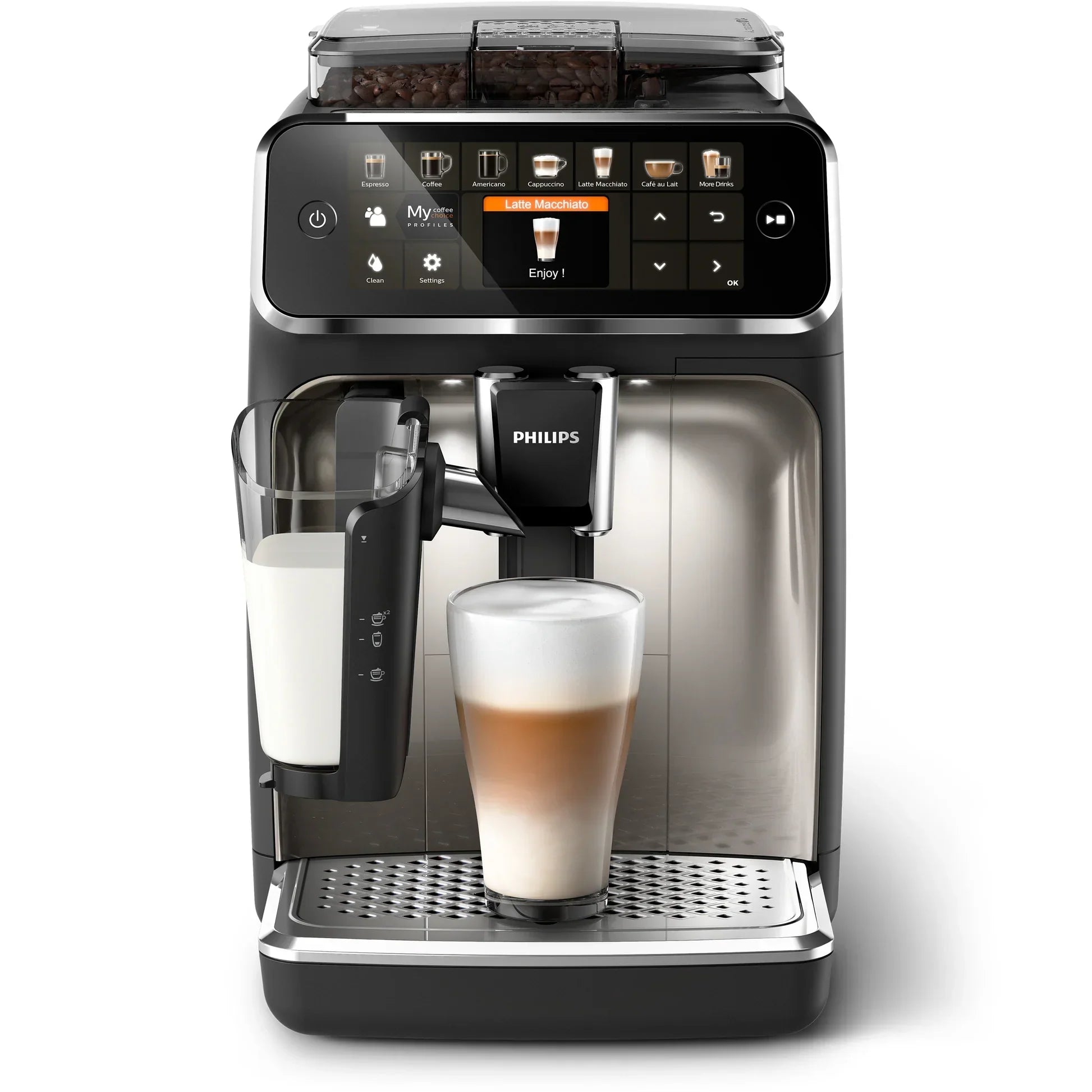 Philips automatic coffee machine brewing latte macchiato with milk frother and touchscreen display