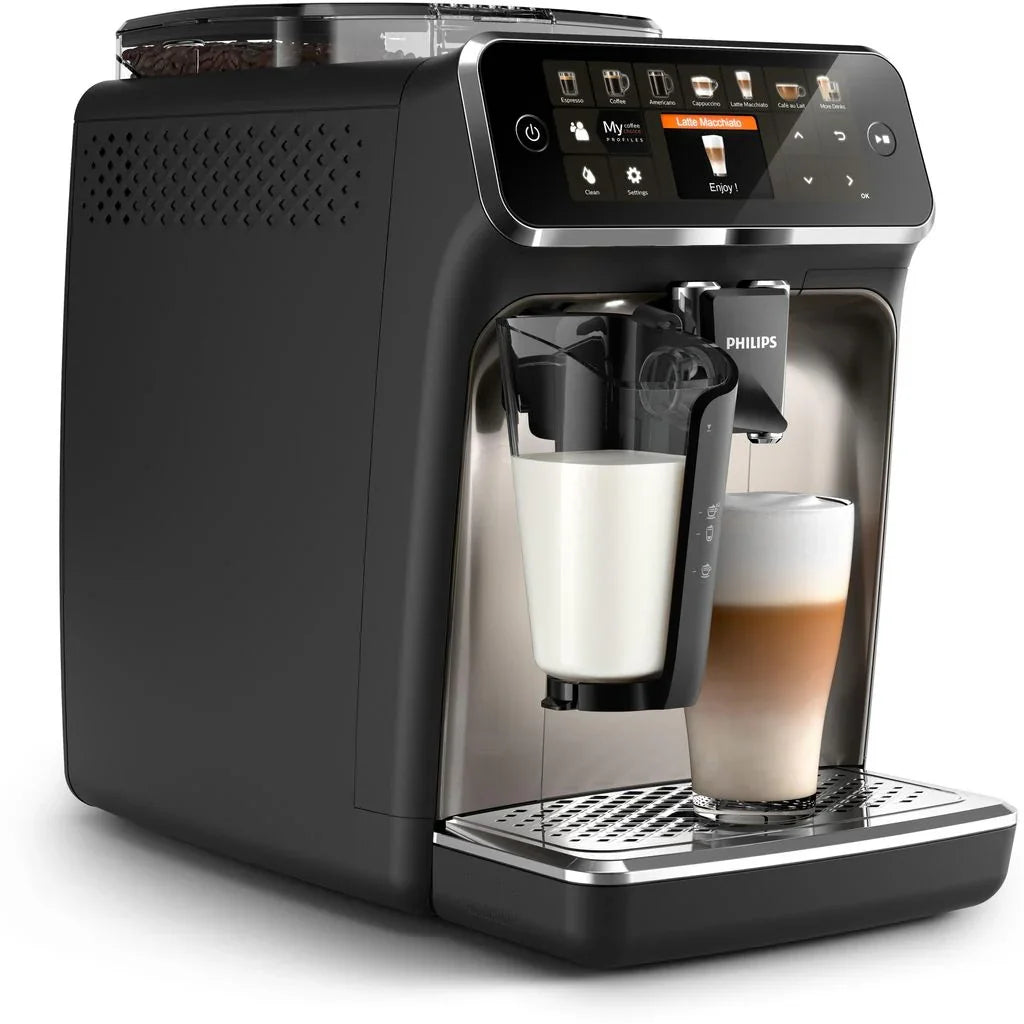Philips automatic coffee machine brewing latte macchiato with milk frother and touchscreen display