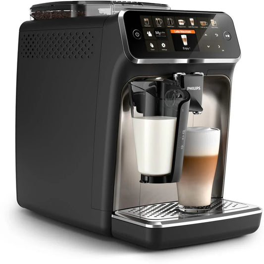 Philips automatic coffee machine brewing latte macchiato with milk frother and touchscreen display