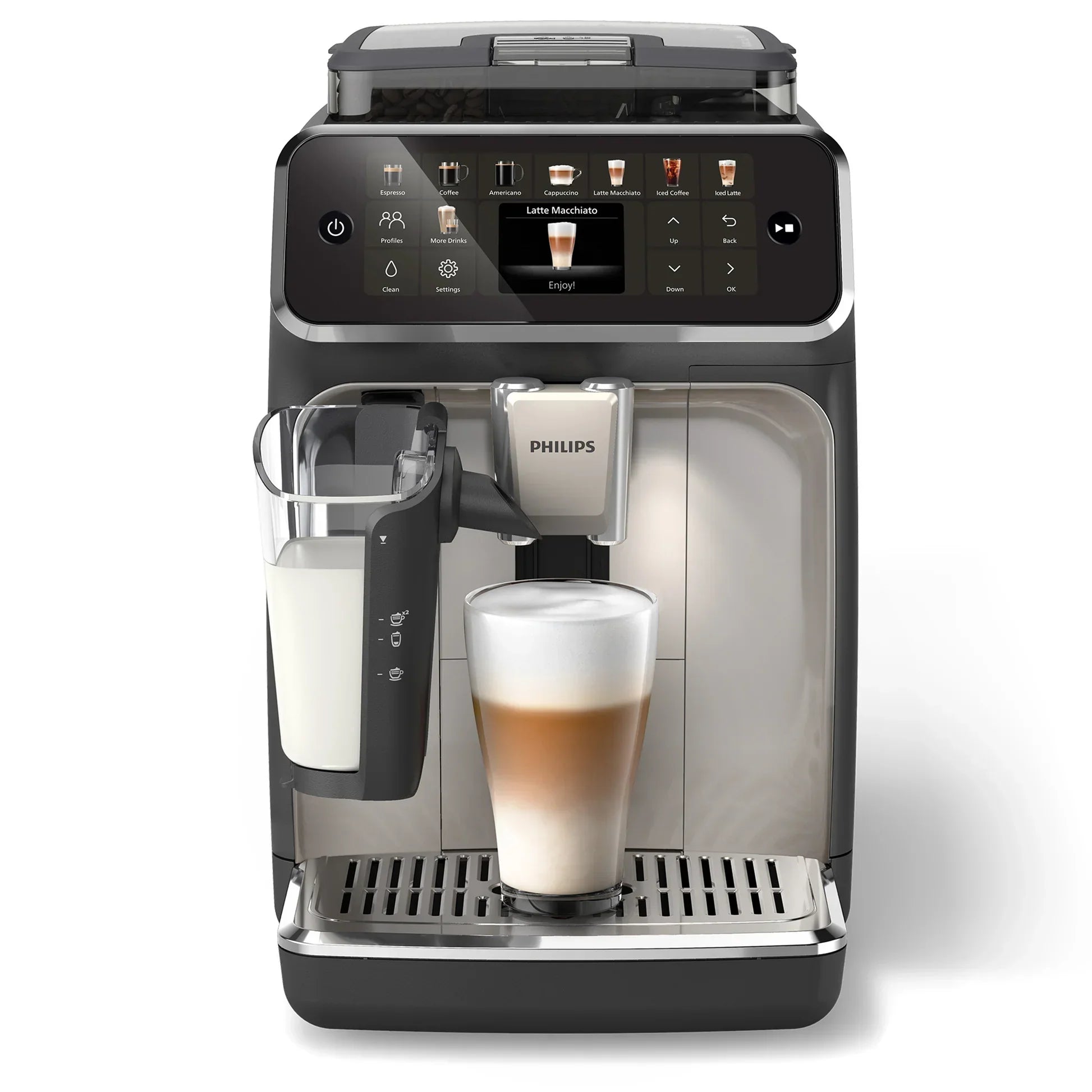 Philips automatic coffee machine brewing latte macchiato with touchscreen display and milk frother