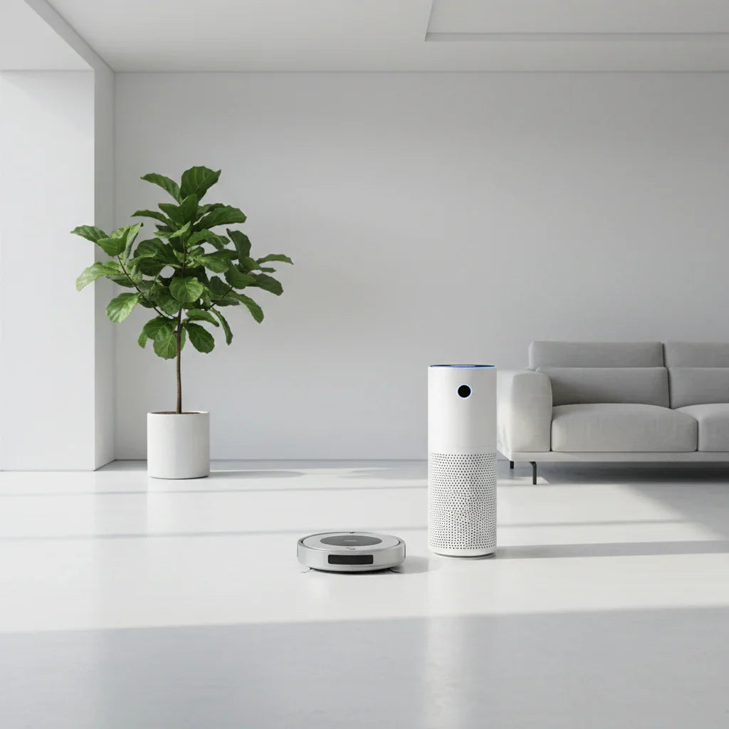 Smart robot vacuum and air purifier in modern living room with plant and sofa